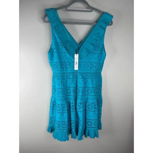Alice + Olivia Ruffled Eyelet Mini Dress Sleeveless Size 10 in Marine Blue NWT